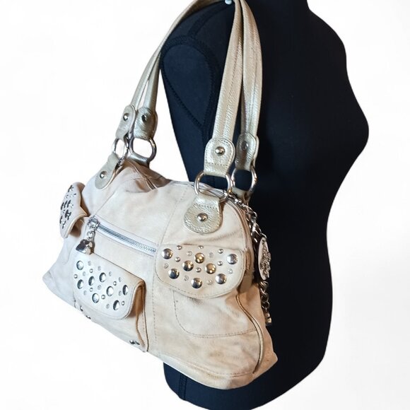 Kathy Van Zeeland Gold Tone Shoulder Bag Faux Suede Metallic Trim - Picture 10 of 16